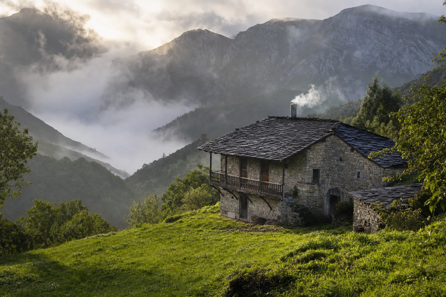 A stone farmhouse on a green Asturian hillside with sea mist below and mountains behind